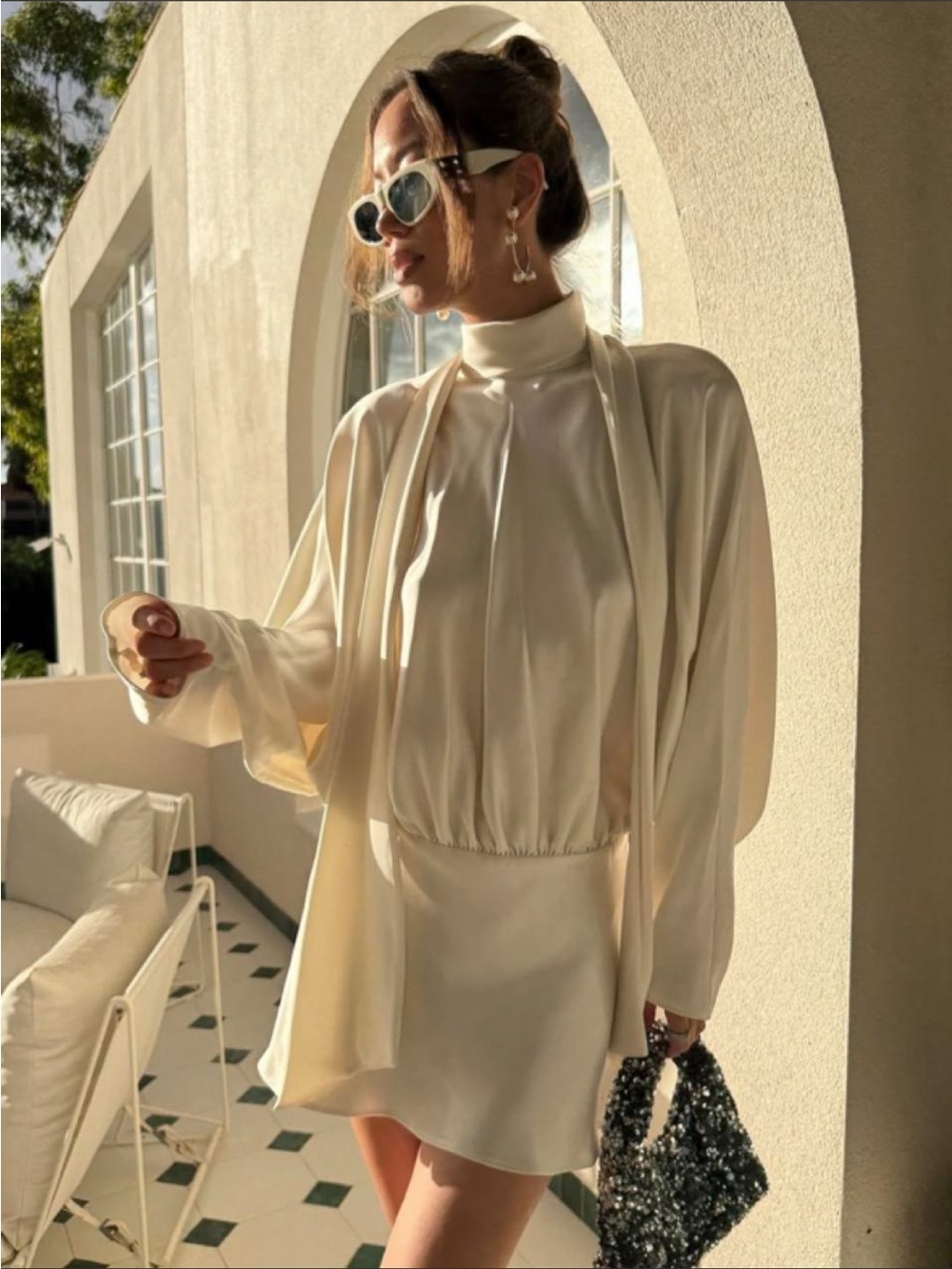 Zara Cream Satin High-Neck Mini Dress - Picture 5 of 11